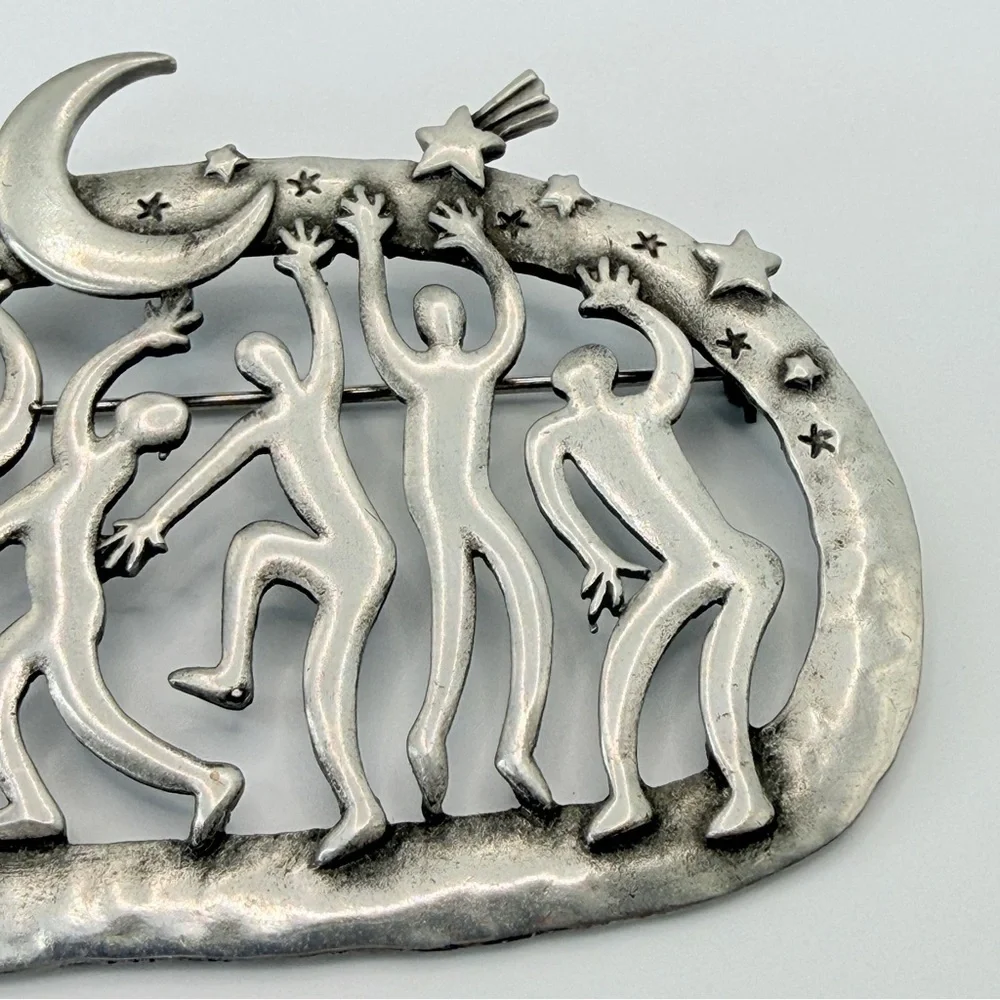 JJ Jonette Jewelry Co Pewter Style Tribal Dancers Saturn Moon Star Pin Vintage
